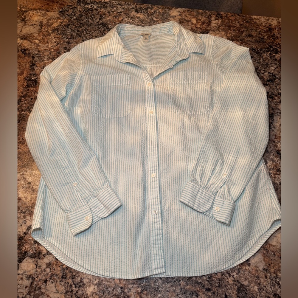 L.L. Bean Women's seersucker button-down shirt in a mint green